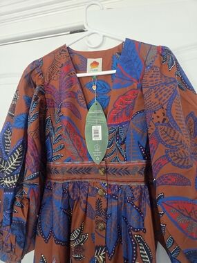 FARM Rio Rust Dress with Bold Blue & Pink Leaf Motif NWT